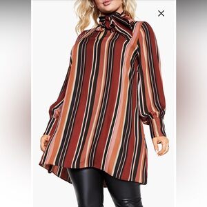 NWT City Chic Sz 14 Women’s Brown Bold Stripe Tie Neck Long Sleeve Tunic Ret $95